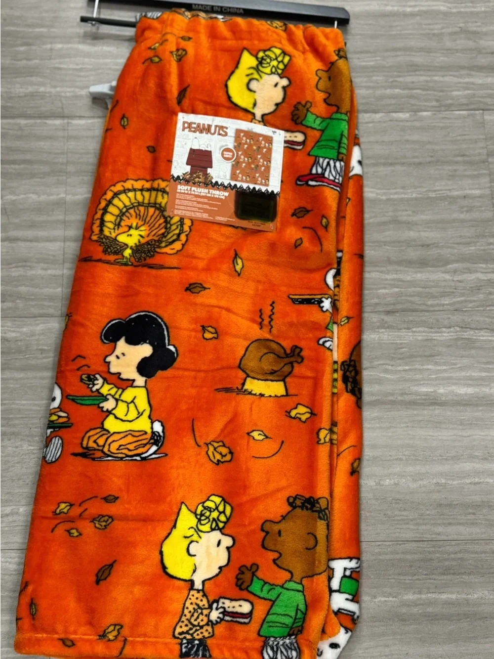 Peanuts Orange Plush Throw Blanket with Thanksgiving Cartoon Print